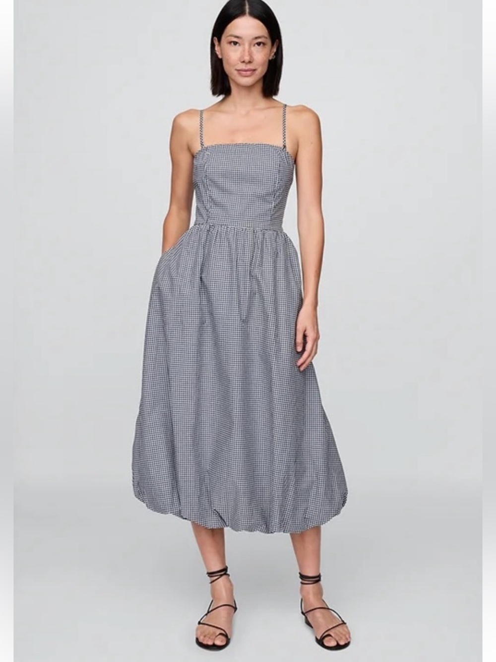 GAP Poplin Bubble Hem Midi Dress Navy Blue Gingham Convertible Straps Size L